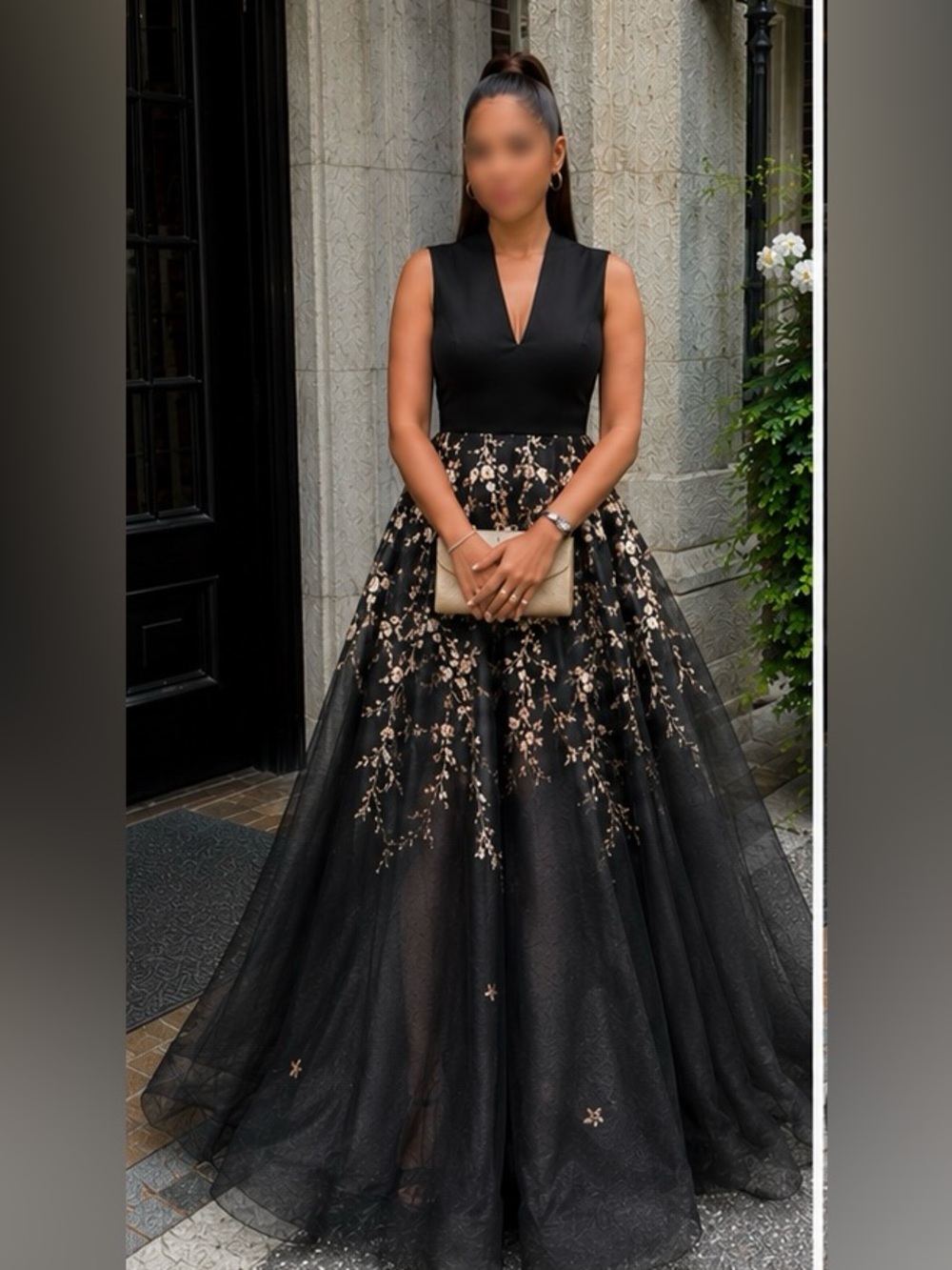 Black Maxi Evening Gown with Gold Floral Embroidery
